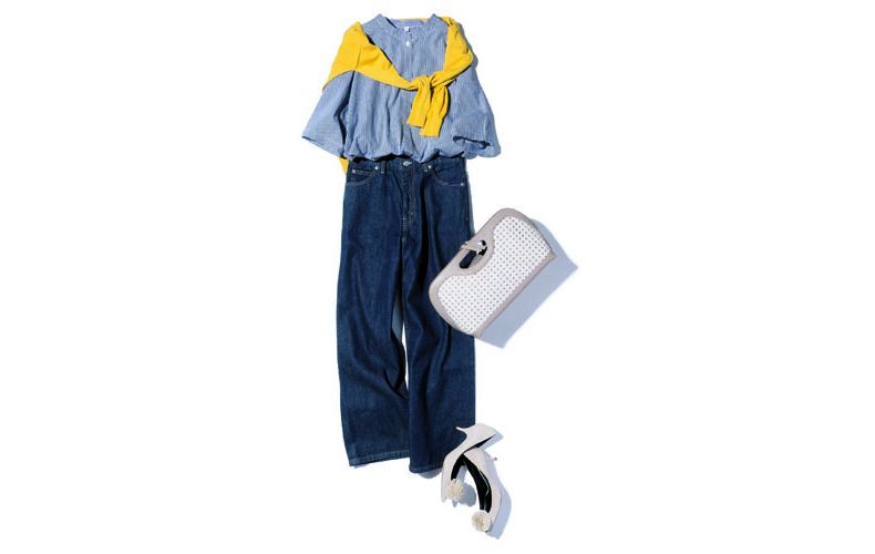 【2】デニムパンツ×黄色カーディガン×青のギンガムチェックシャツ