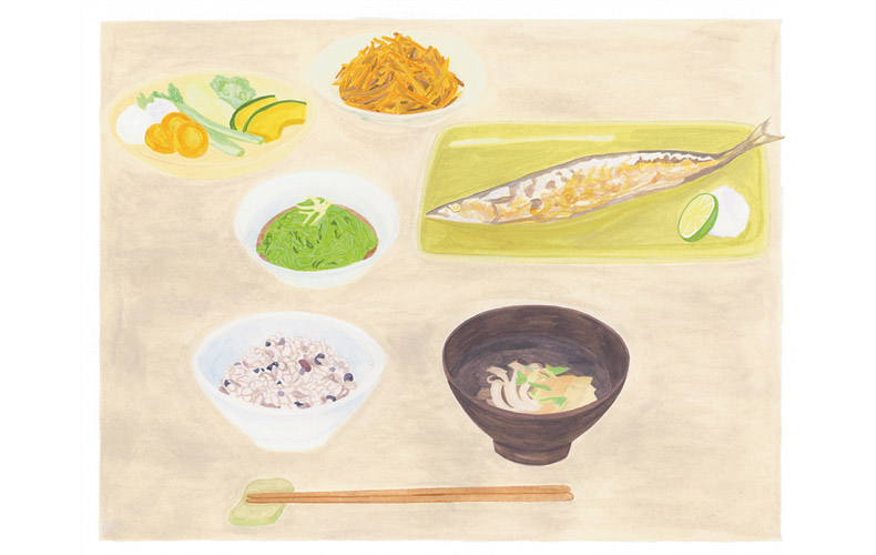 さんま定食のイラスト。ごはんは雑穀米、きんぴらごぼうやめかぶなど食物繊維豊富な小鉢が添えられている