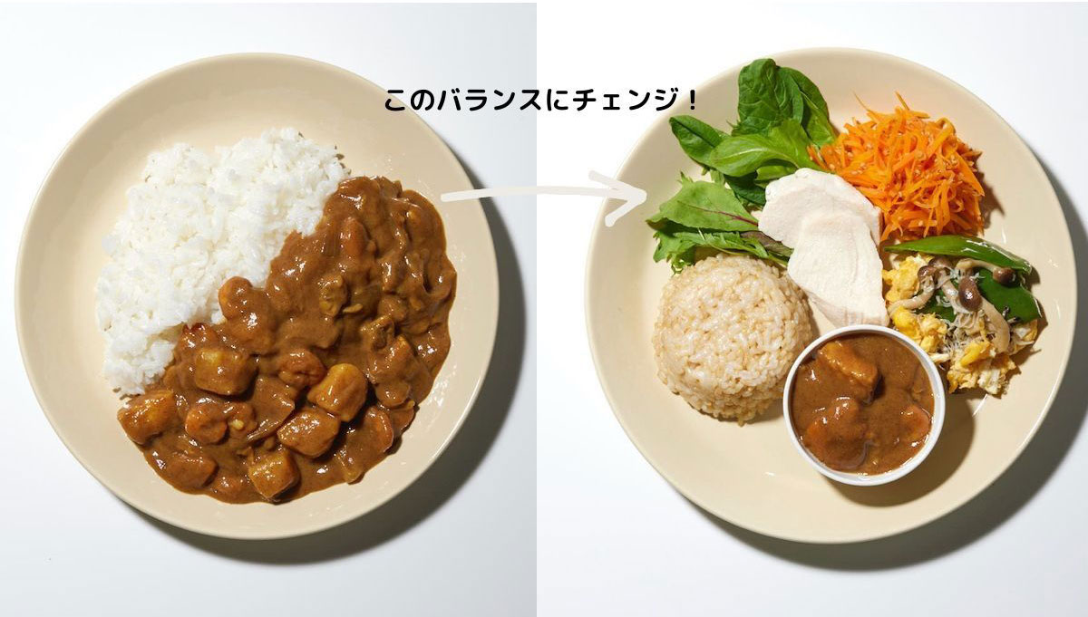 カレーライス単品を、副菜いっぱいのバランスにチェンジ