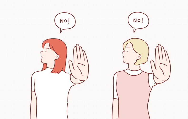 手のひらを前に出して「No!」と断る2人の女性のイラスト