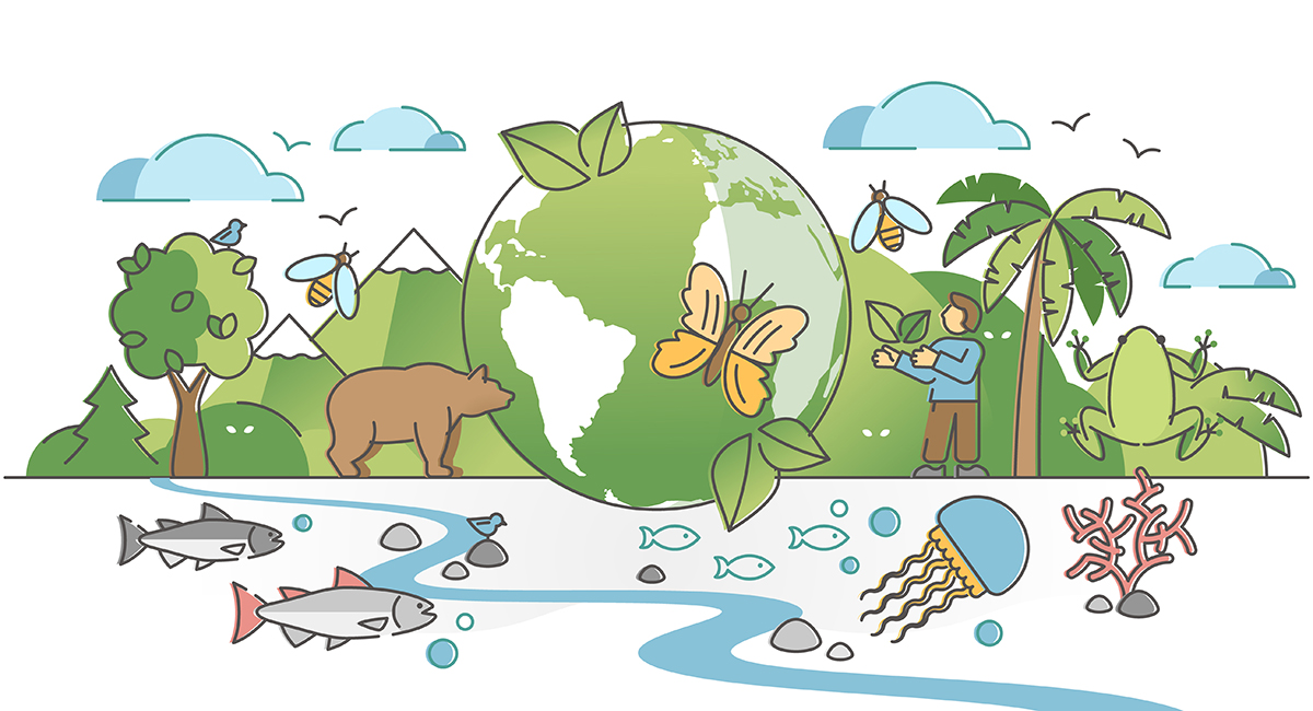生態系のイメージイラスト　地球を中心に、山や川、人、動物、魚などが描かれている
