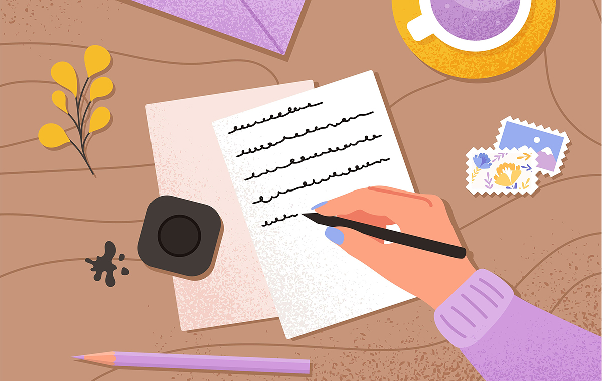 レターセットや切手をテーブルに並べて手紙を書いている女性の手元のイラスト