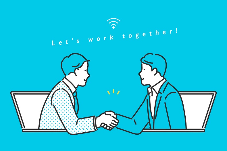 パソコン画面から飛び出して握手する男性ふたりのイラスト。頭上にはWi-Fiのマークと「Let's work together！」というキャッチフレーズ