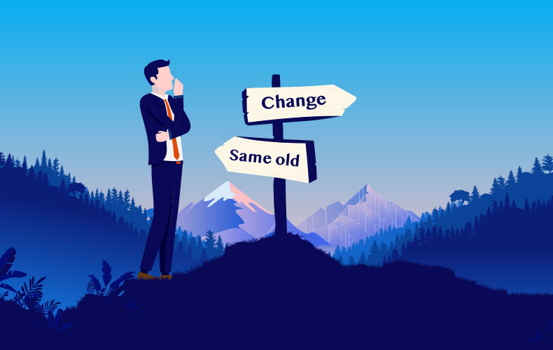 「Change」「Same old」と書かれた逆方向の看板を見るビジネスマンのイラスト