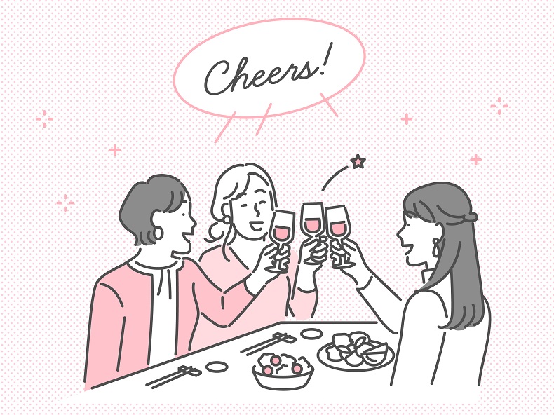 「Cheers!」と乾杯する女性3人のイラスト