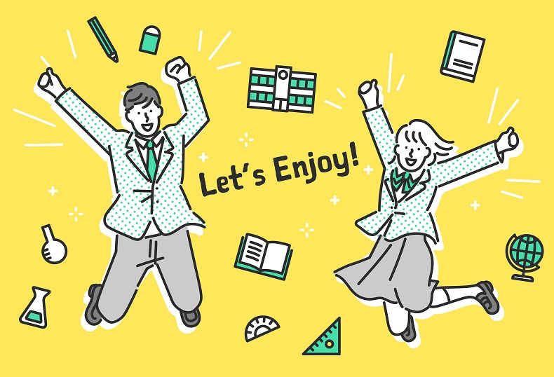 飛び跳ねる高校生男女のイラストと「Let's Enjoy！」の文字