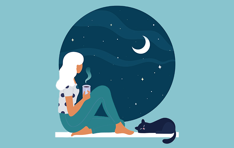 物思いに耽りながら月を眺める女性と側で眠る猫のイラスト