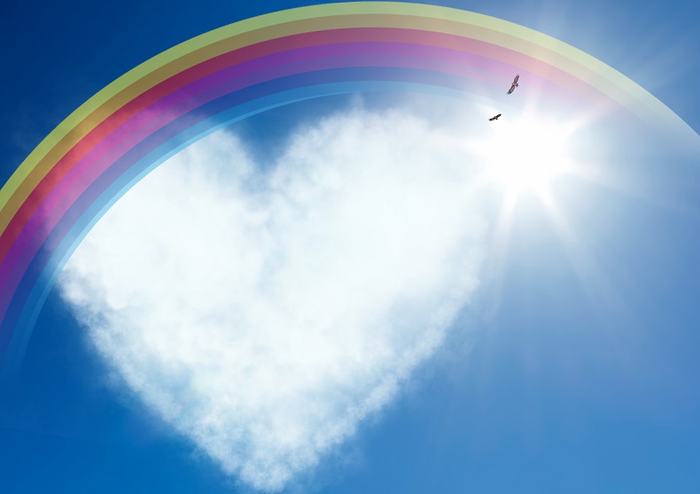 ハート形の雲にかかる虹、鳥