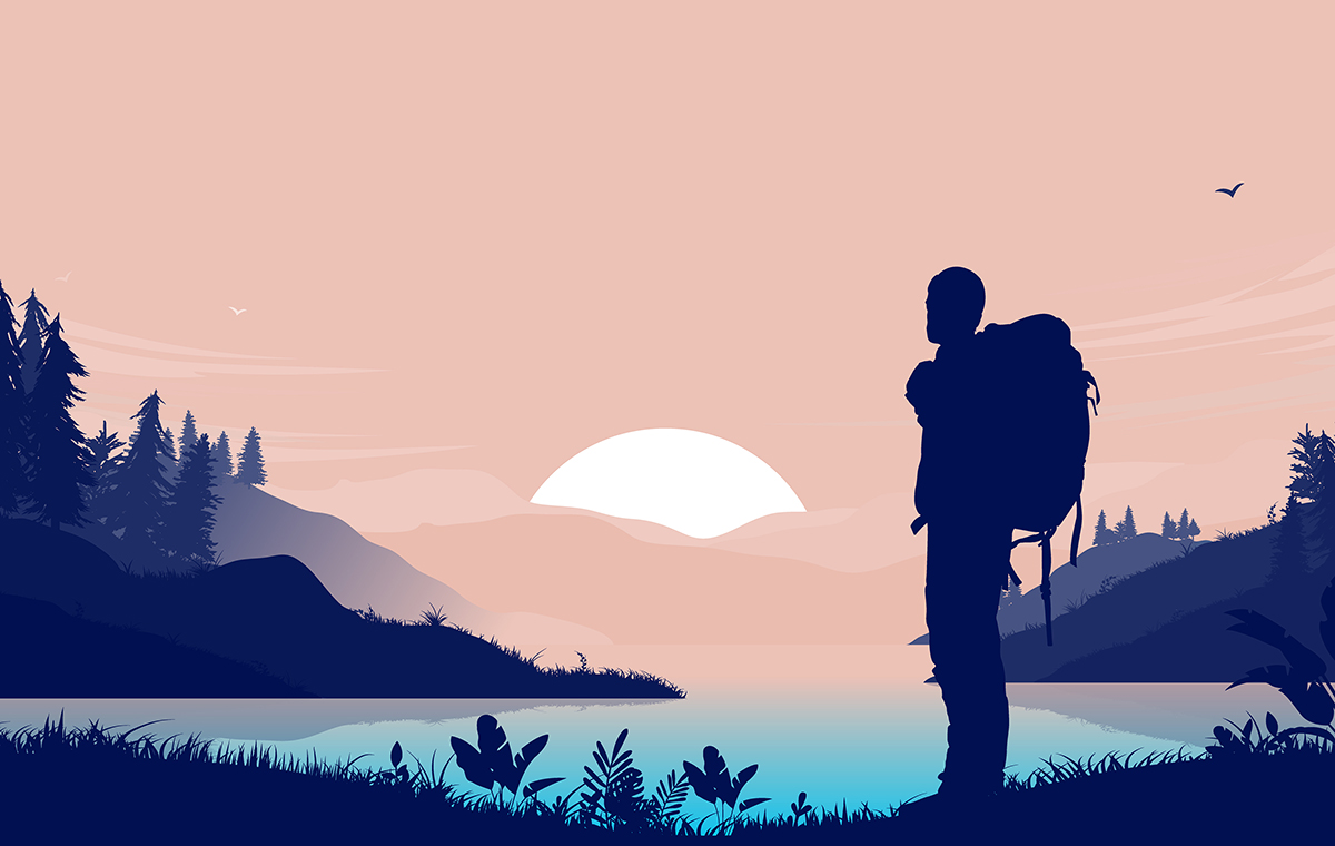 夕日の沈む湖のほとりに立つ旅人　イラスト