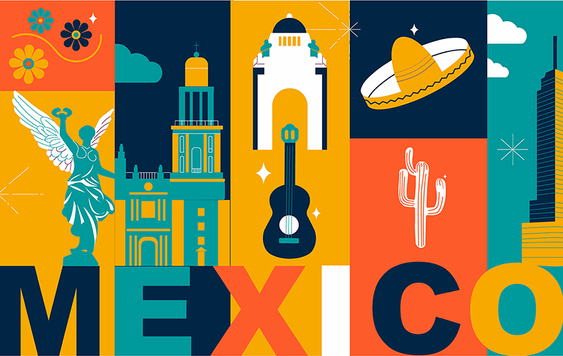 メキシコの帽子、楽器、建物などのイラストが配置されたデザイン画