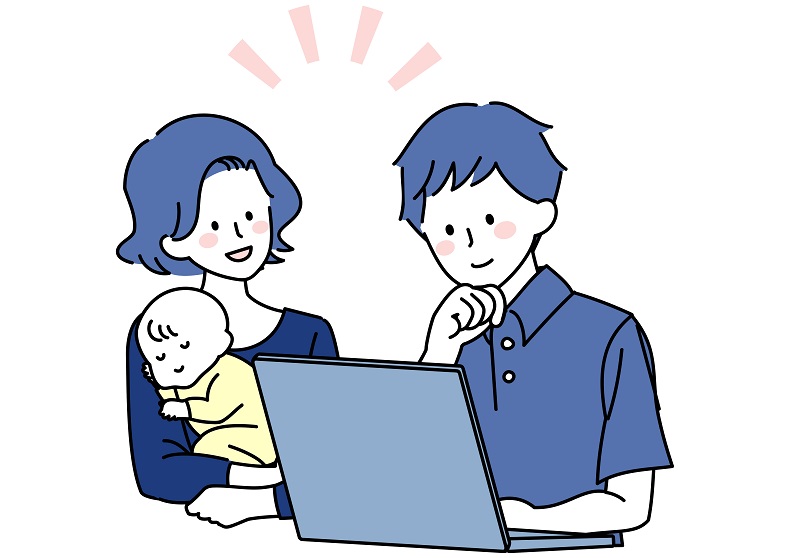 赤ちゃんを抱っこする女性、パソコンで作業をする男性