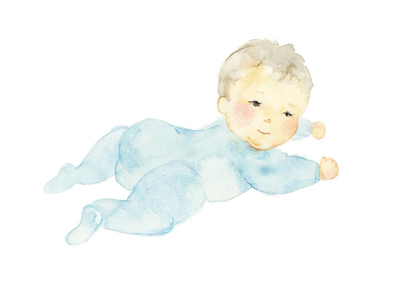 水彩で描かれた、横たわる赤ちゃんのイラスト