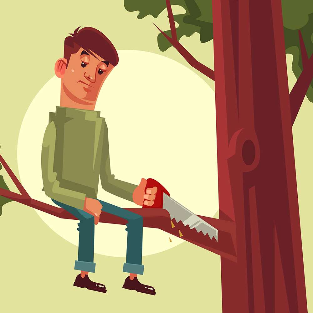 自分が座っている木の枝を切ろうとする人のイラスト