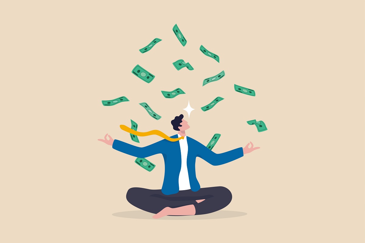 落ちてくるお金の紙幣で瞑想するビジネスマンのイラスト
