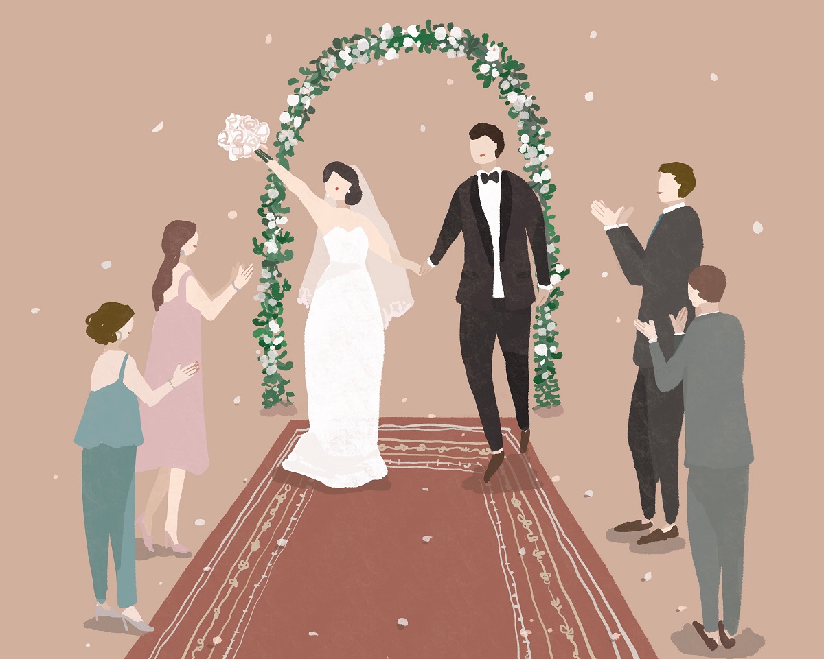 新郎新婦と参列者、結婚式のフラワーシャワーのイラスト