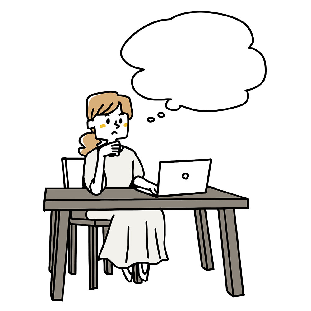 パソコンの前に座って座右の銘について考える女性のイラスト