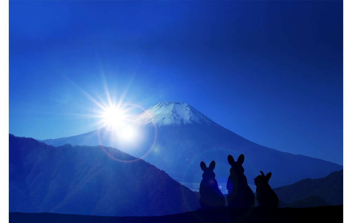 富士山から昇る太陽を眺めるうさぎの写真