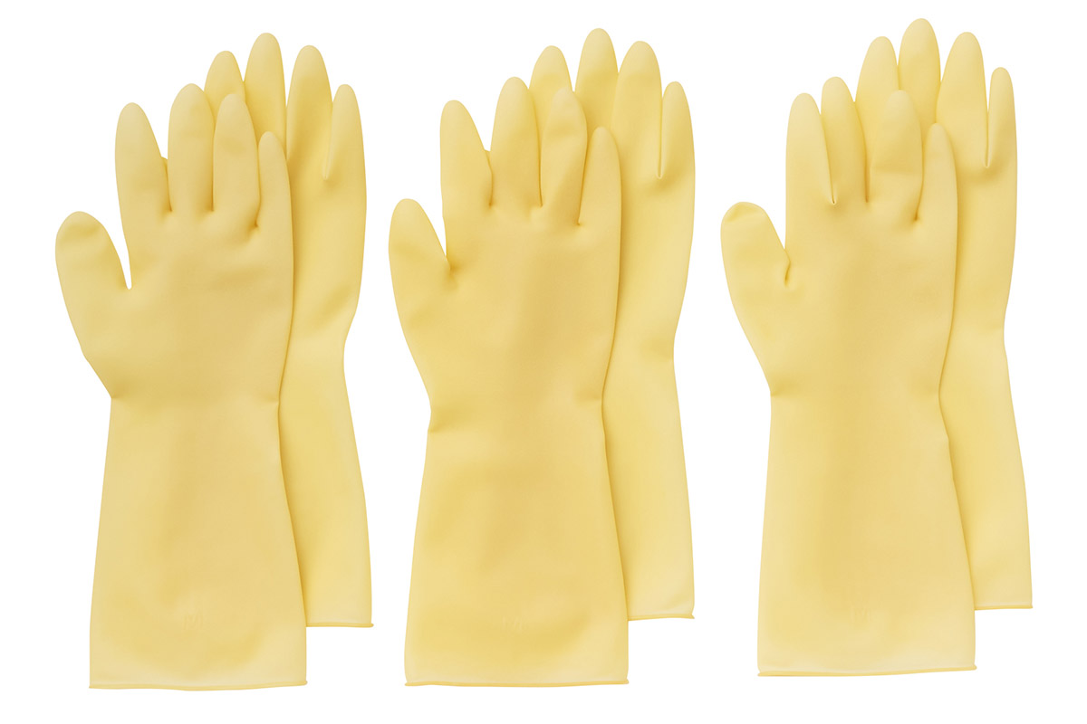 黄色い天然ゴム手袋3点の画像