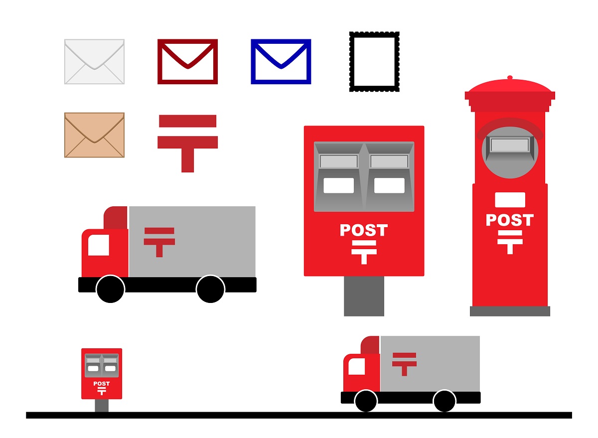 郵便ポストや配達トラック、封筒と郵便にまつわるイラスト