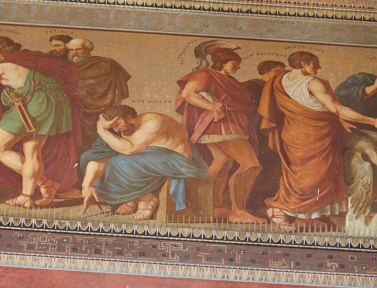 アルキメデスとアリストテレスがギリシャのアテネでフレスコ画を描く