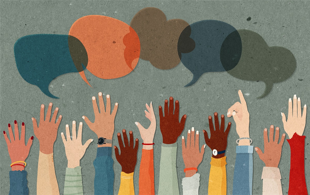さまざまな人種に人が手を挙げ、発言しているイメージイラスト