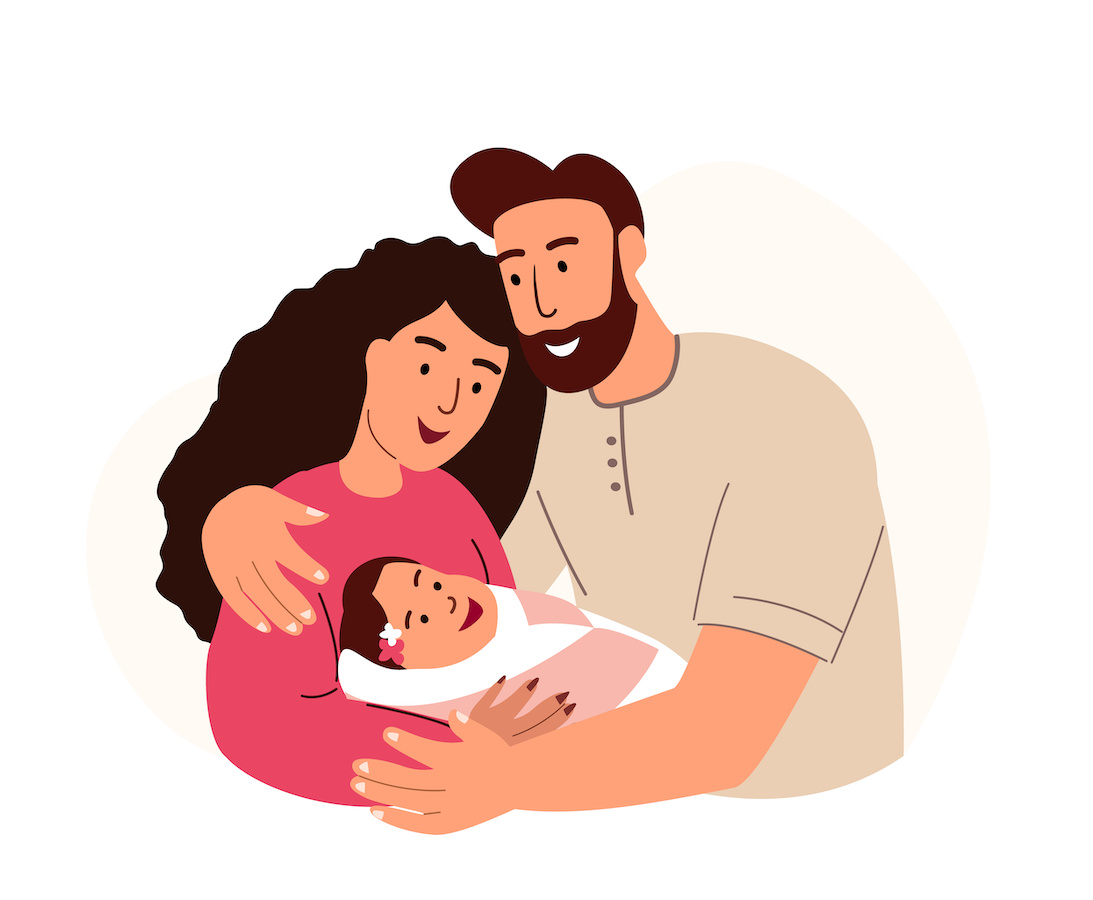 新生児を抱く両親のイラスト