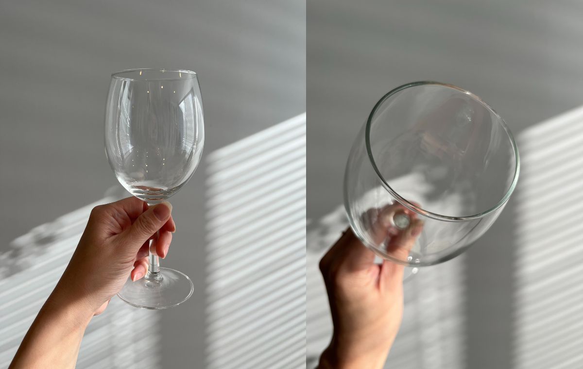 ワイングラスを持った手元、角度を変えた2枚の写真