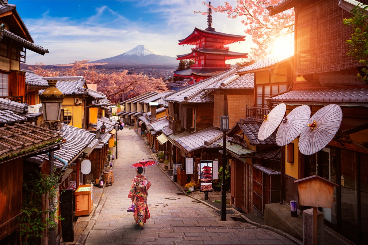 京都の街並み、着物を着て歩く女性の後ろ姿