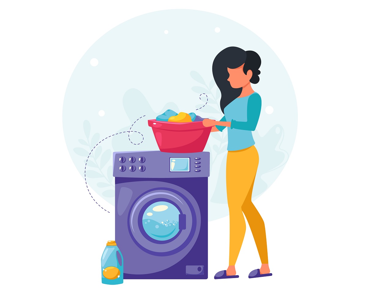 ドラム式洗濯機の上にカゴを乗せ、洗濯をしようとしている女性のイラスト
