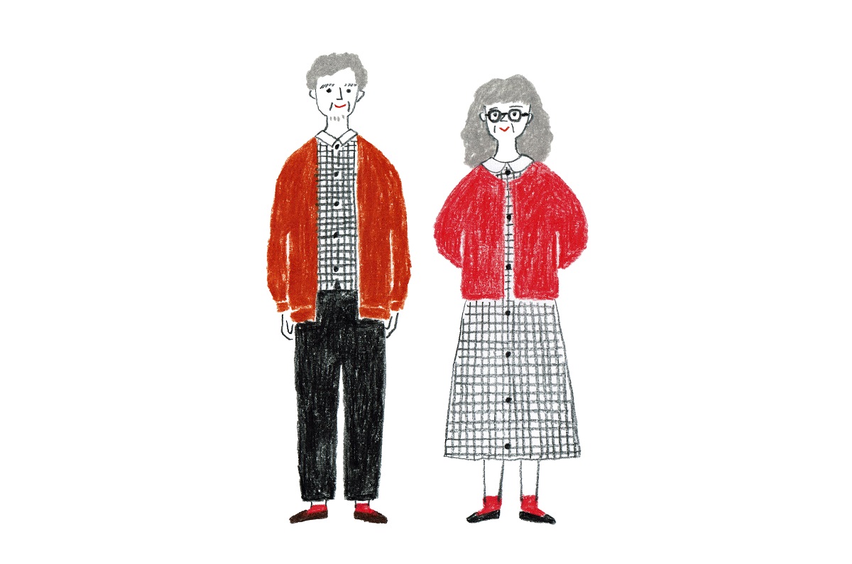 赤いカーディガンにチェック柄とお揃いファッションのう老夫婦のイラスト