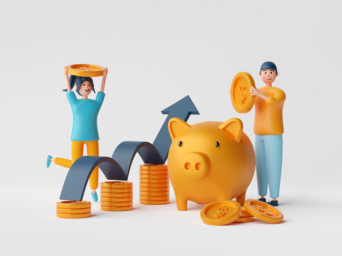 貯金のイメージイラスト、コインを持つ人々と豚の貯金箱