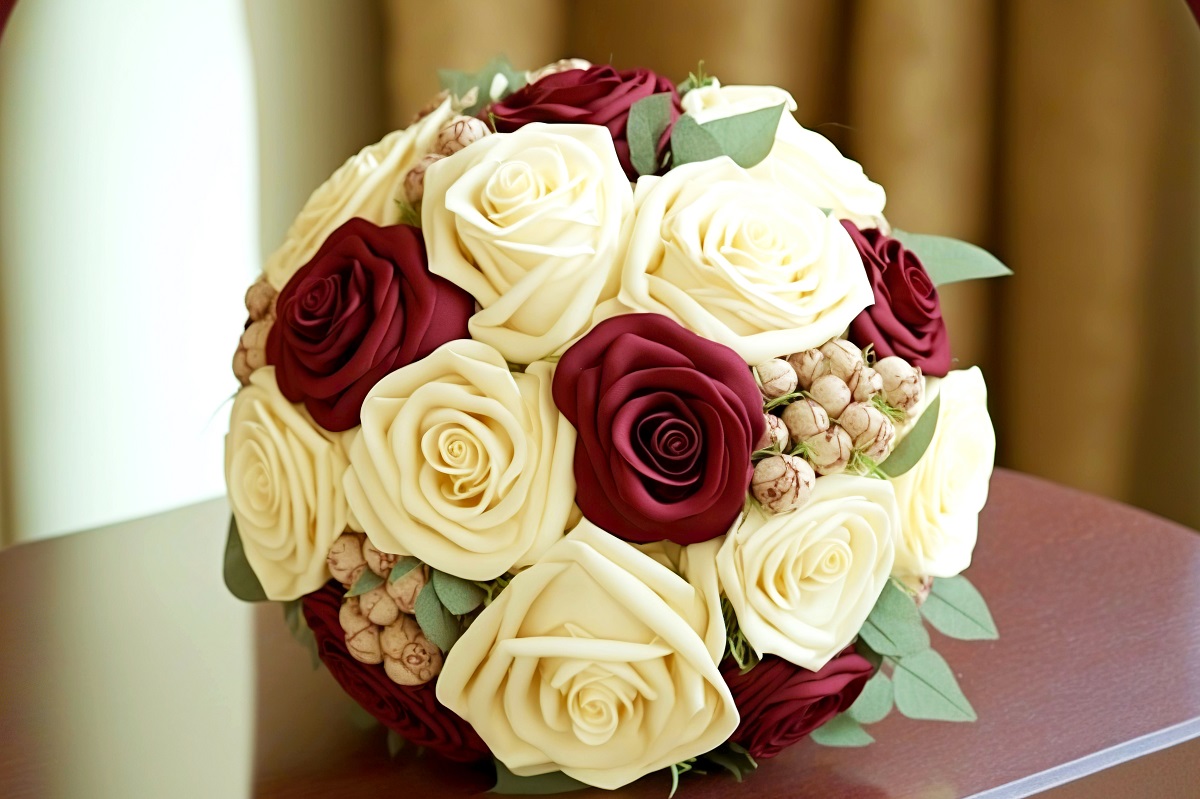 クリーム色とワイン色のオリジナルのバラ、花嫁のためのロマンチックなブーケ