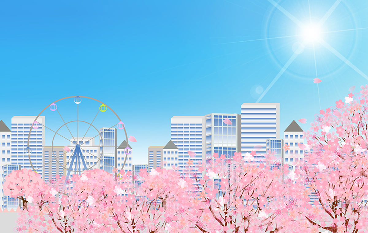 満開の桜と観覧車のある街並み イラスト