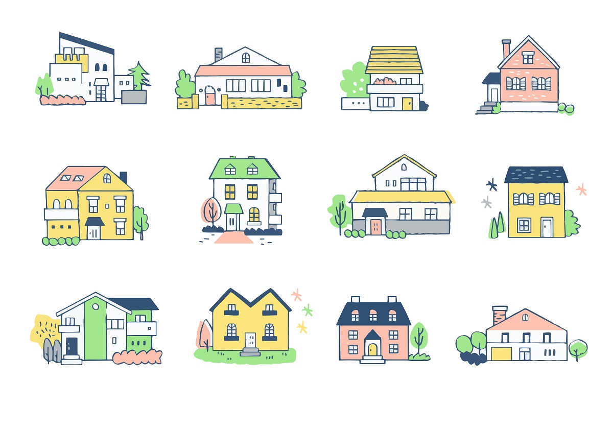 さまざまな形状をした12軒の一軒家のイラスト