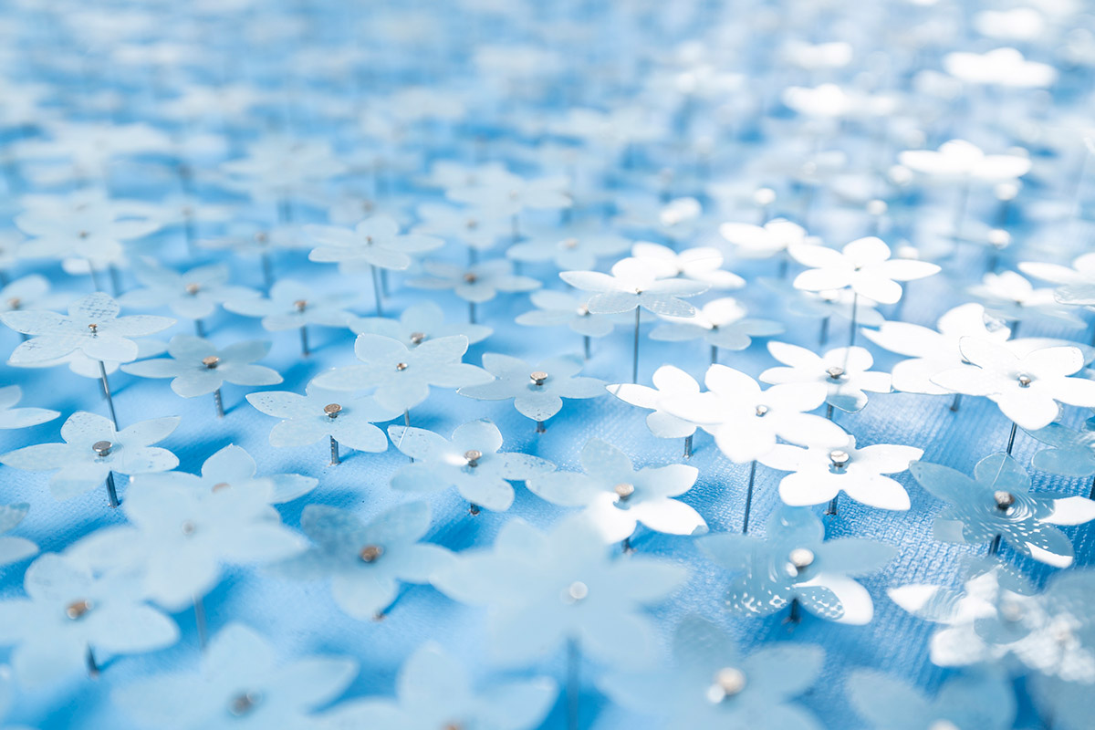 青いキャンバス一面に小さな白い花がピン留めされた作品のディテール写真