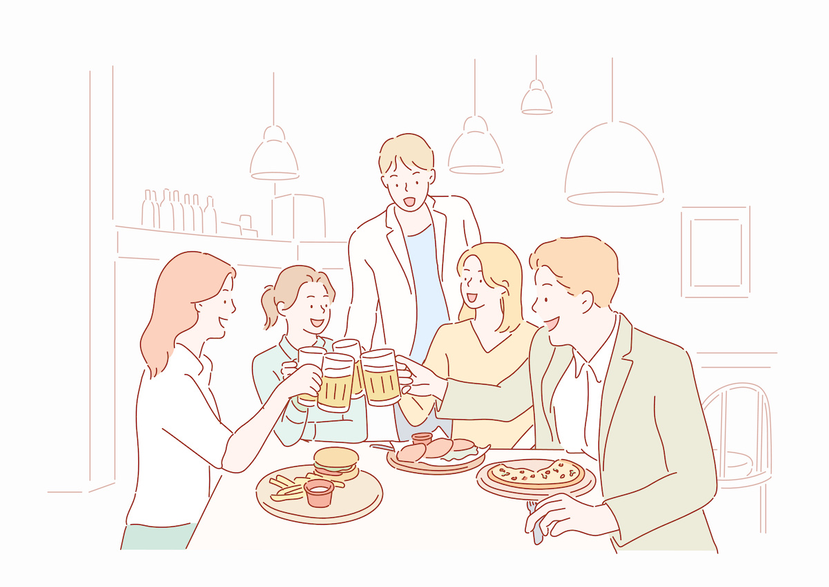 ビールを飲み乾杯する幸せな友人のグループのイラスト