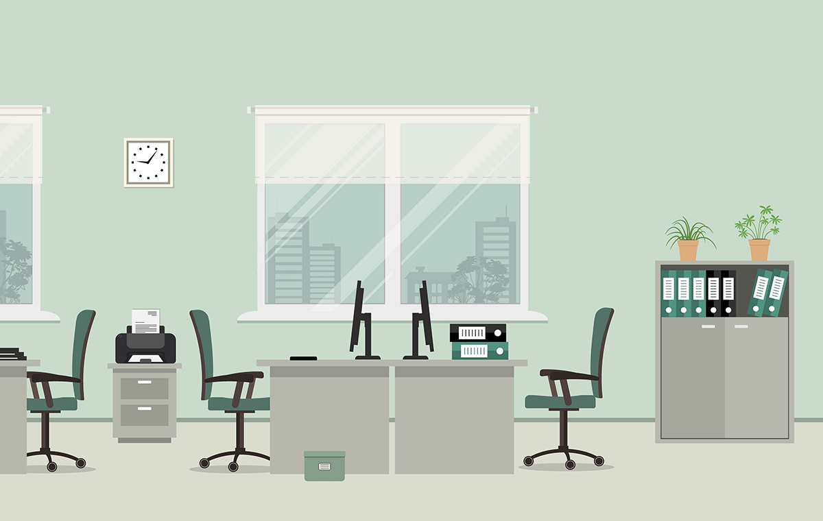 オフィスのイメージイラスト　薄緑の壁紙で、パソコンの置かれた机や椅子、コピー機、棚や窓がある