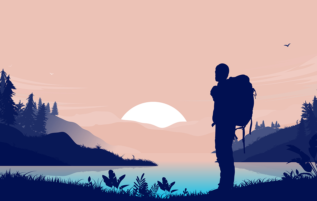 湖と山並みを眺めるバックパッカーの男性 イラスト