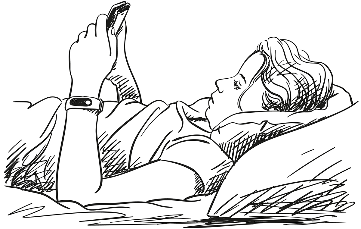 スマートフォンをもって横になっている女性 イラスト