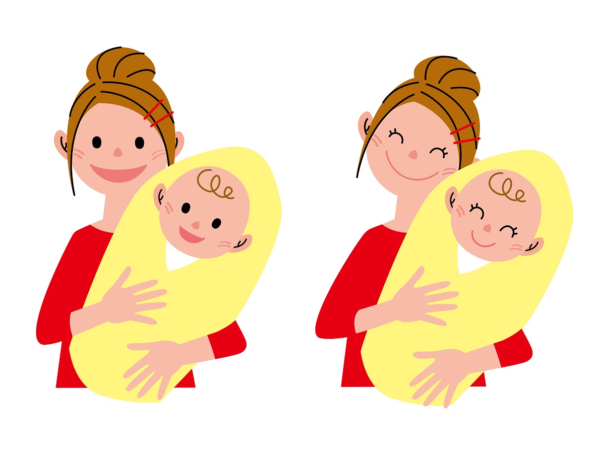 黄色いおくるみに包まれた赤ちゃんを抱っこしている女性のイラスト