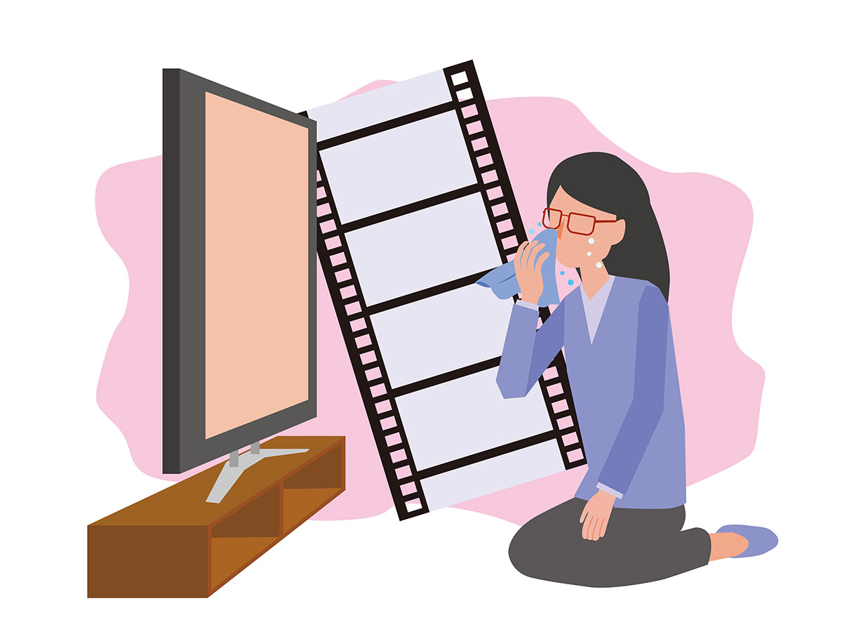 自宅で映画を観て涙する女性のイラスト