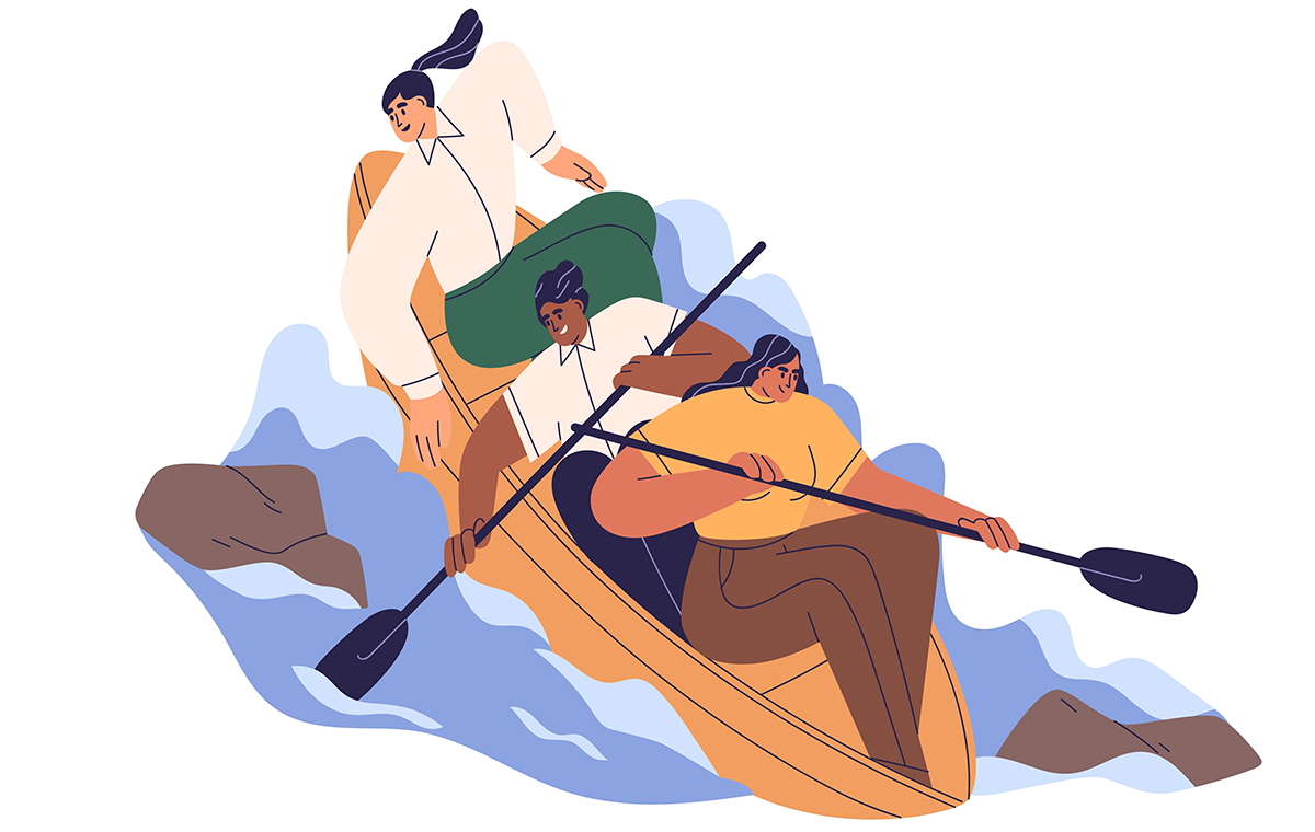 ボートで川下りに挑戦する3人の女性 イラスト