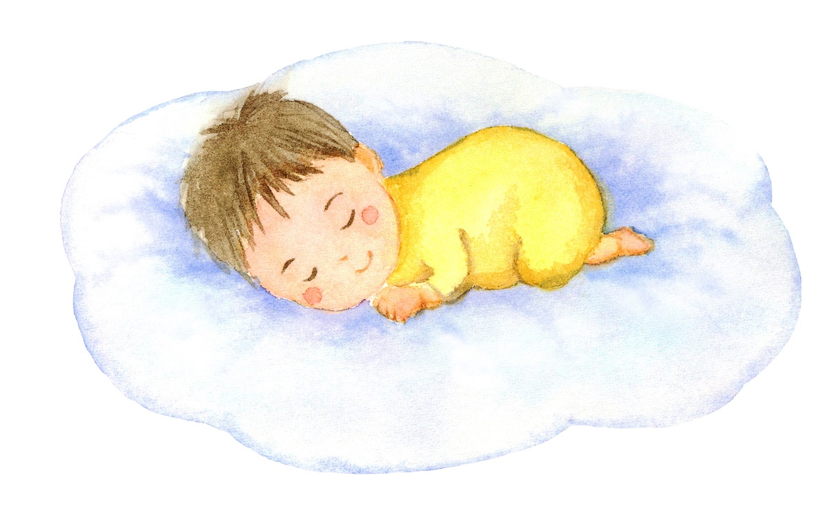 雲の形のクッションの上でにこやかに眠っている赤ちゃんのイメージイラスト
