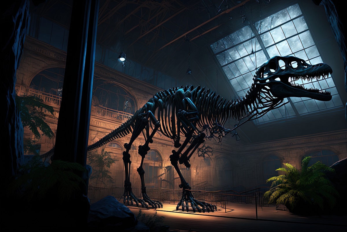 洋風の恐竜博物館の内部、恐竜の化石がライティングされている様子