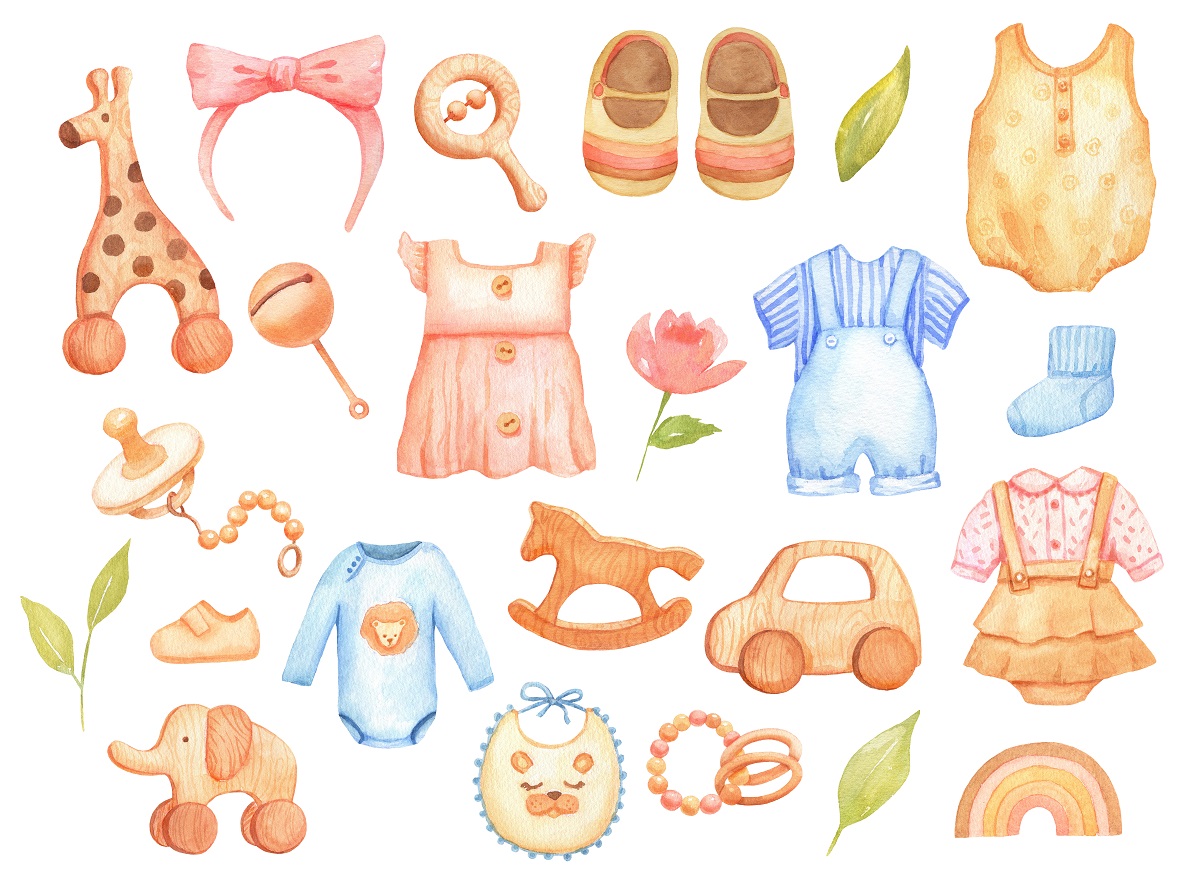 おもちゃや洋服、靴やおしゃぶりなど、赤ちゃんに関するグッズが一面に並んだイラスト