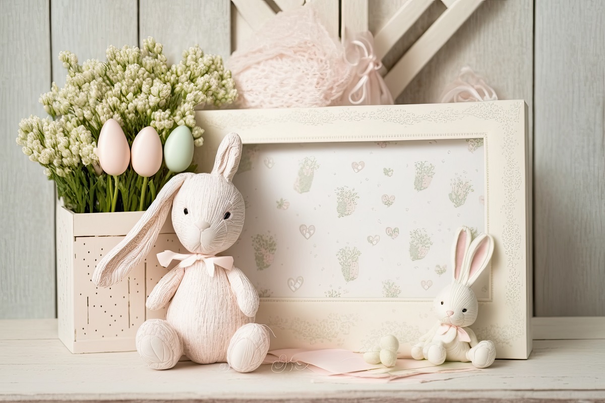 ウサギのぬいぐるみや花の入った箱、グリーティングカードなどが並んだ写真
