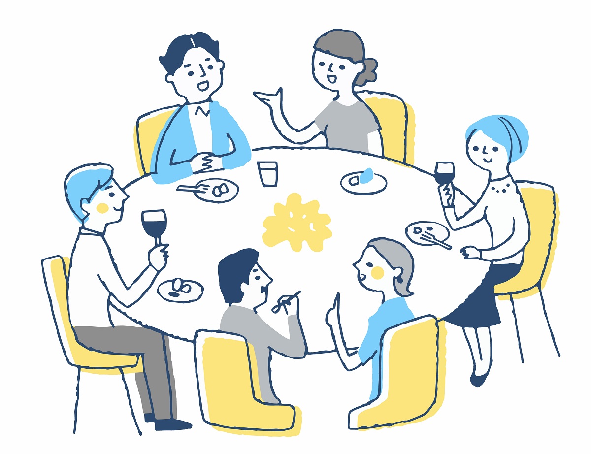 円卓を囲んで食事をしている人たちのイラスト