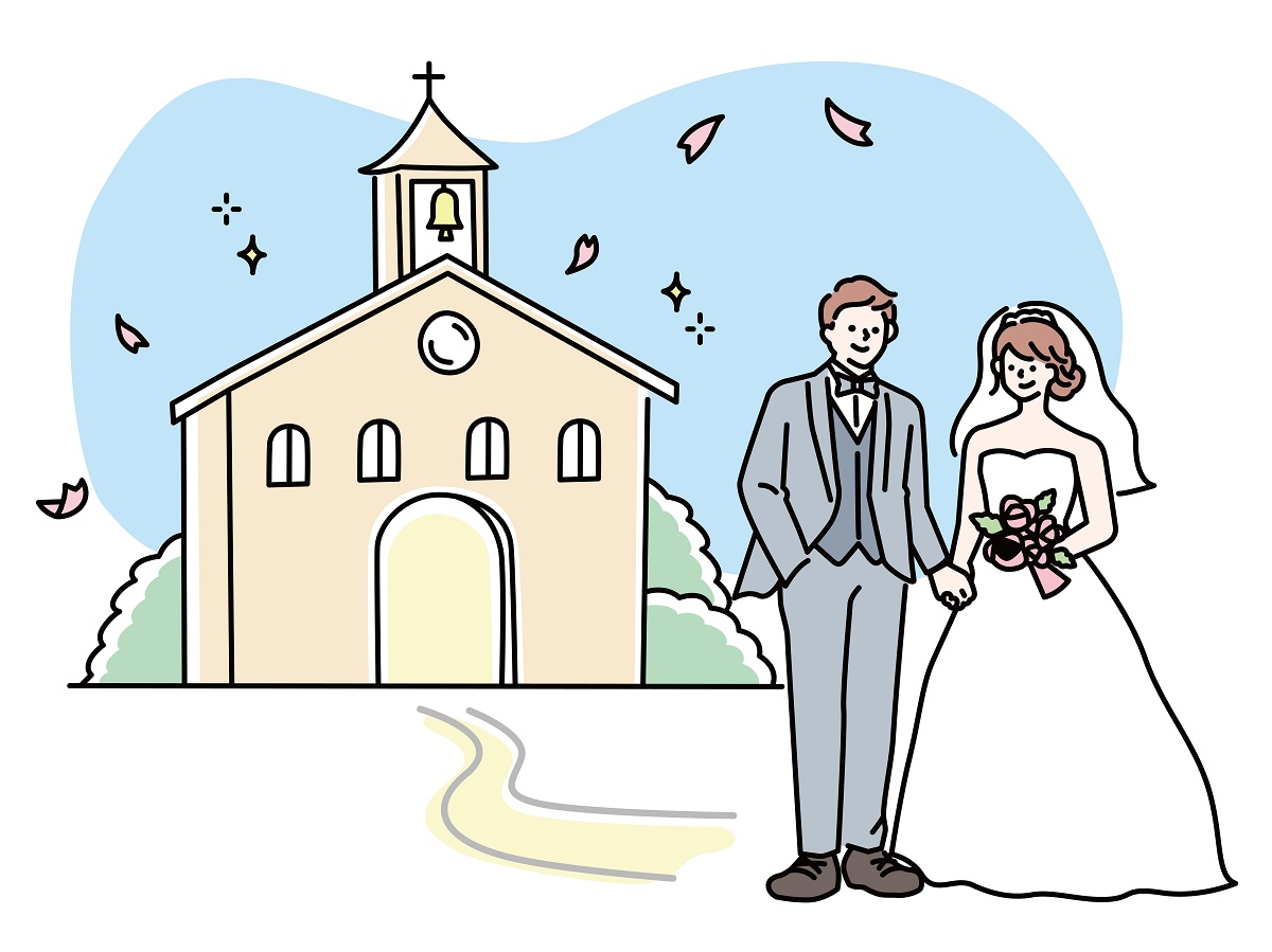 教会の前で手を繋いで並んでいる新郎新婦のイラスト