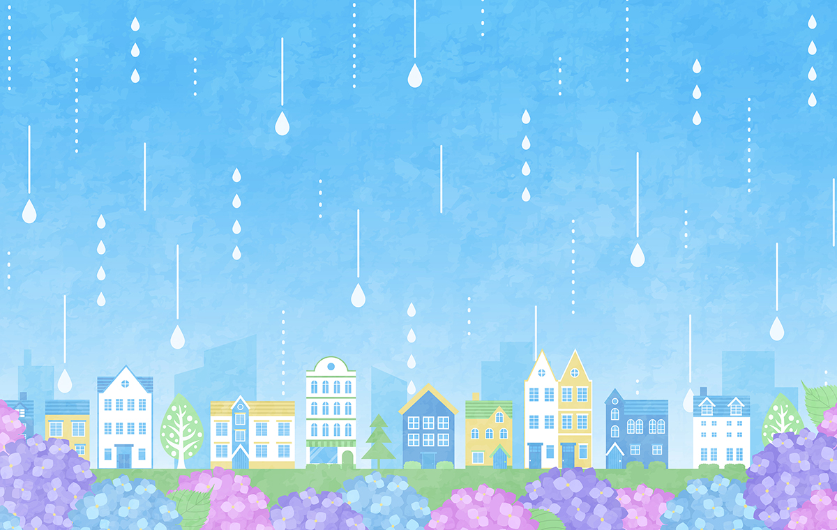 紫陽花越しの雨の降る街 イラスト
