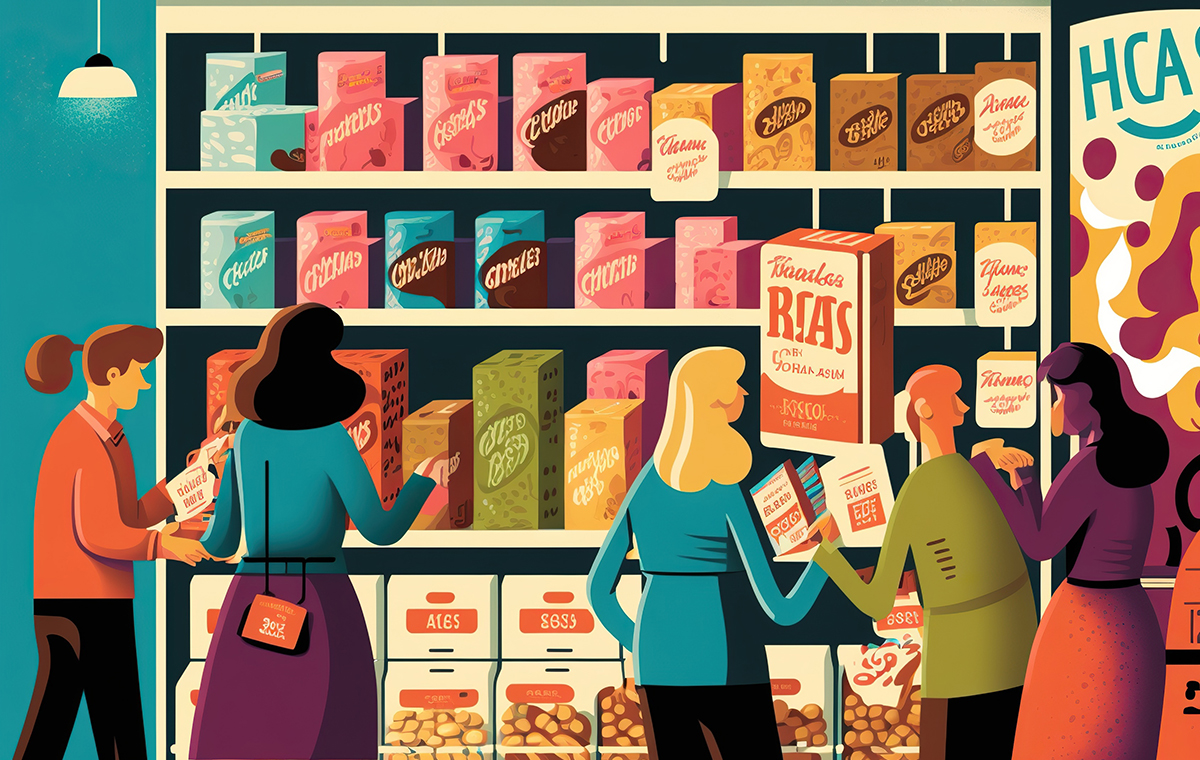 商品が並ぶスーパーマーケットの棚を見る人々のイラスト
